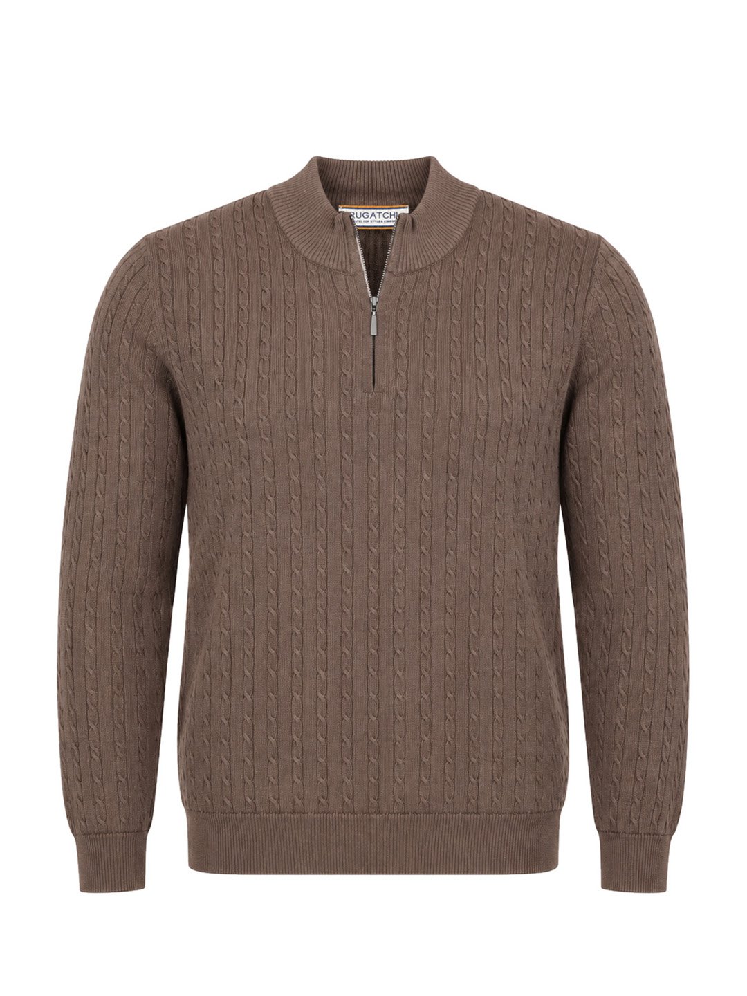 Knit Sweater - Zip Stand Collar Cable Knit · Brown Heather